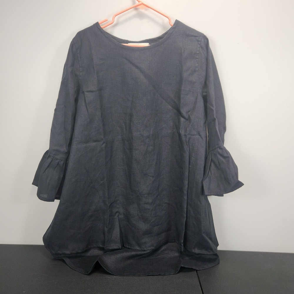 Crown Linen Designs Black 100% Linen Ruffle Sleeve‎ Tunic Top Size L NEW